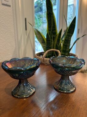 Iridescent Blue Indiana Glass Pedestal Candles Holders - Set of 2